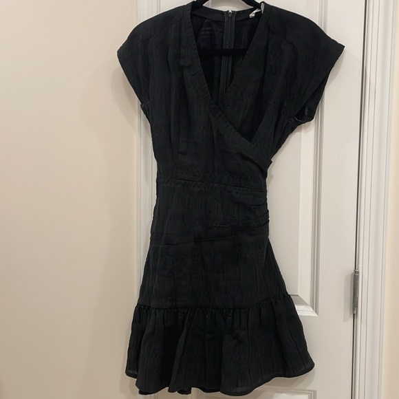 Veronica Beard Shadow Shirred Mini Wrap Dress black stretch cotton. - Picture 3 of 9